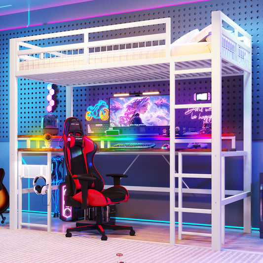 Loft Bed, 90 X 200 Cm, Iron Frame, With Colour-changing LED Light Strip, With Desk, 1 USB Port  1 Type-C Port And 2 Sockets, With Perforated Wall, Without Mattress, White