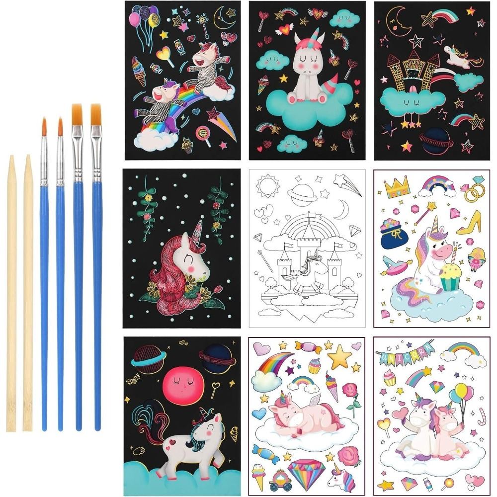 Unicorn Craft Set, 2 Magic Scratch Art Pictures + 4 Brushes, Creative Unicorn Craft Set For Birthdays, Summer, And Christmas—Party Supplies Set
