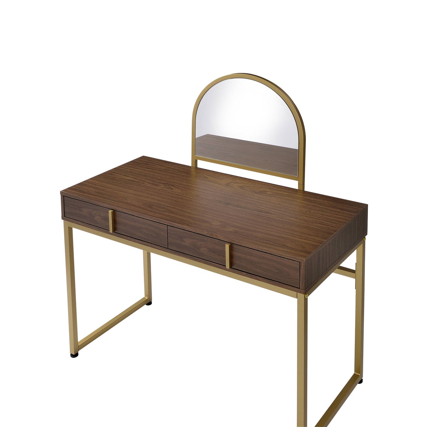Coleen Walnut & Gold Finish Vanity Desk W Mirror & Jewelry Tray