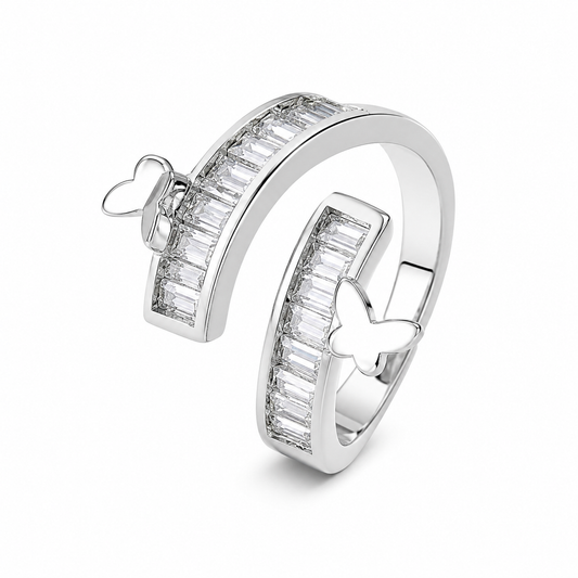 Dual Butterfly Baguette CZ Wrap Open Adjustable Ring For Women, Copper Plated Silver Twisted Split Band Dainty Wedding Party Stackable Jewelry Gift