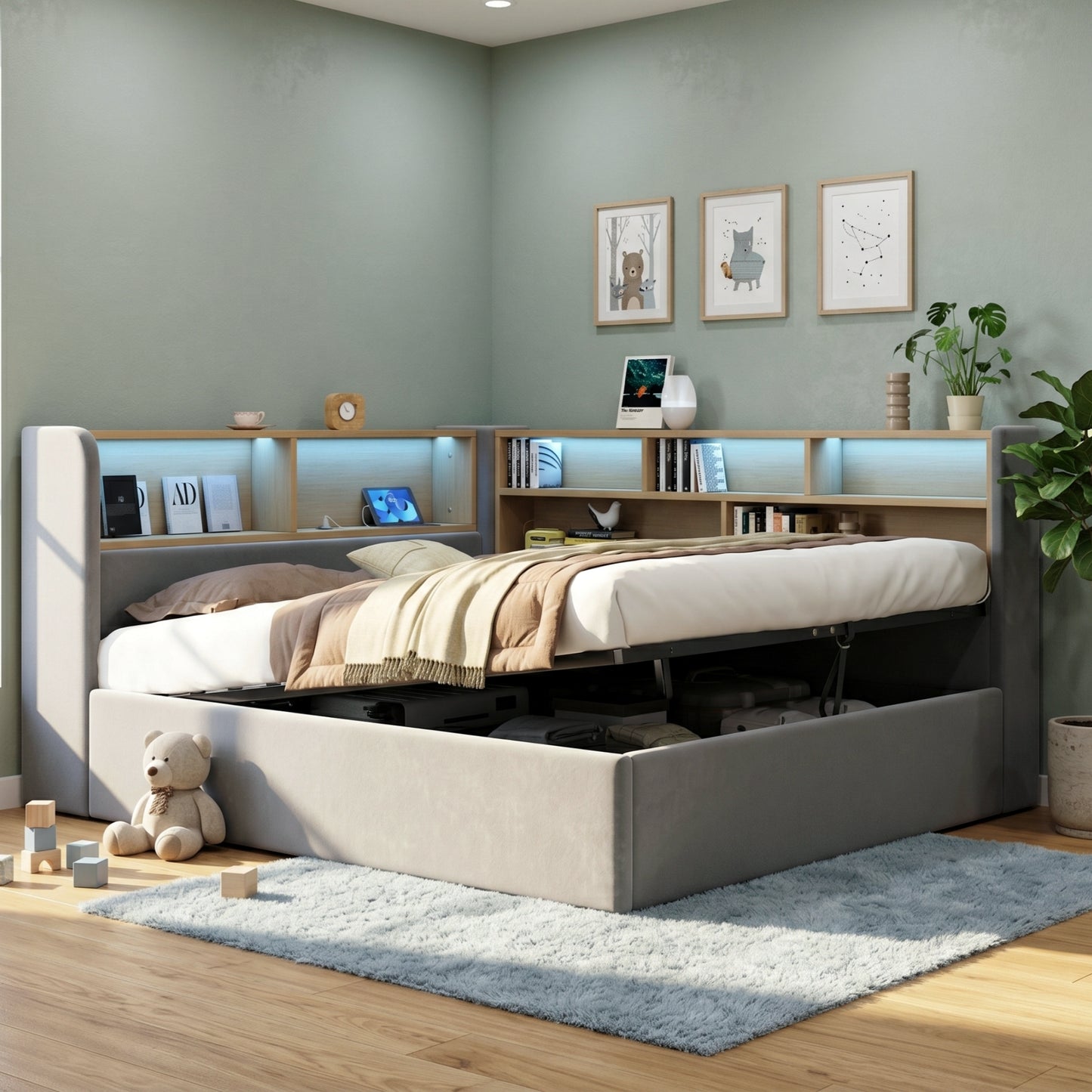 Daybed, L-shaped Upholstered Hydraulic Lift-Up Storage Bed, Sofa Bed With Storage, LED, USB Charging Port, 4FT6 Double Bed 135x190cm, Hydraulic Storage Bed Frame, Velvet, Grey