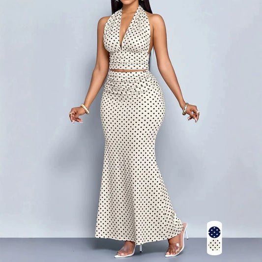 Womens Halterneck Backless High-Waisted Fishtail Maxi Dress Fashion Set