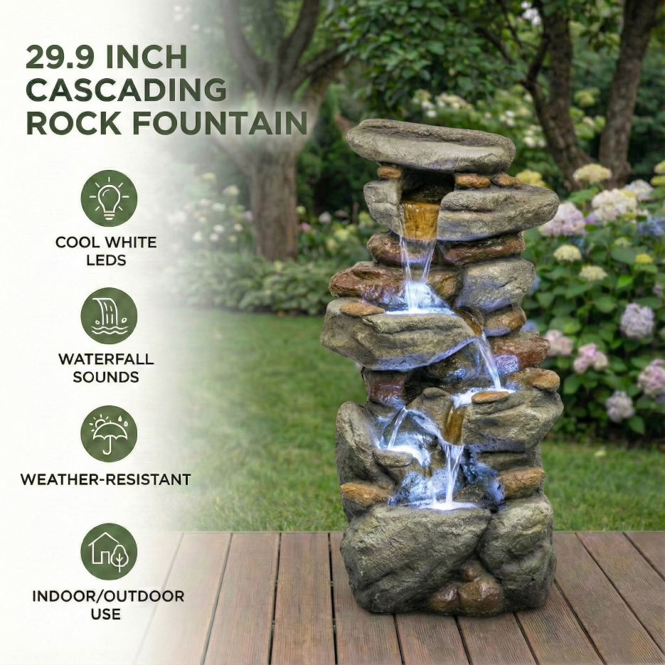Outdoor Water Fountain Large - Stone Fountains With LED Light For Patio Yard Garden Backyard Decking Outdoor Or Entryway Decor 30inch