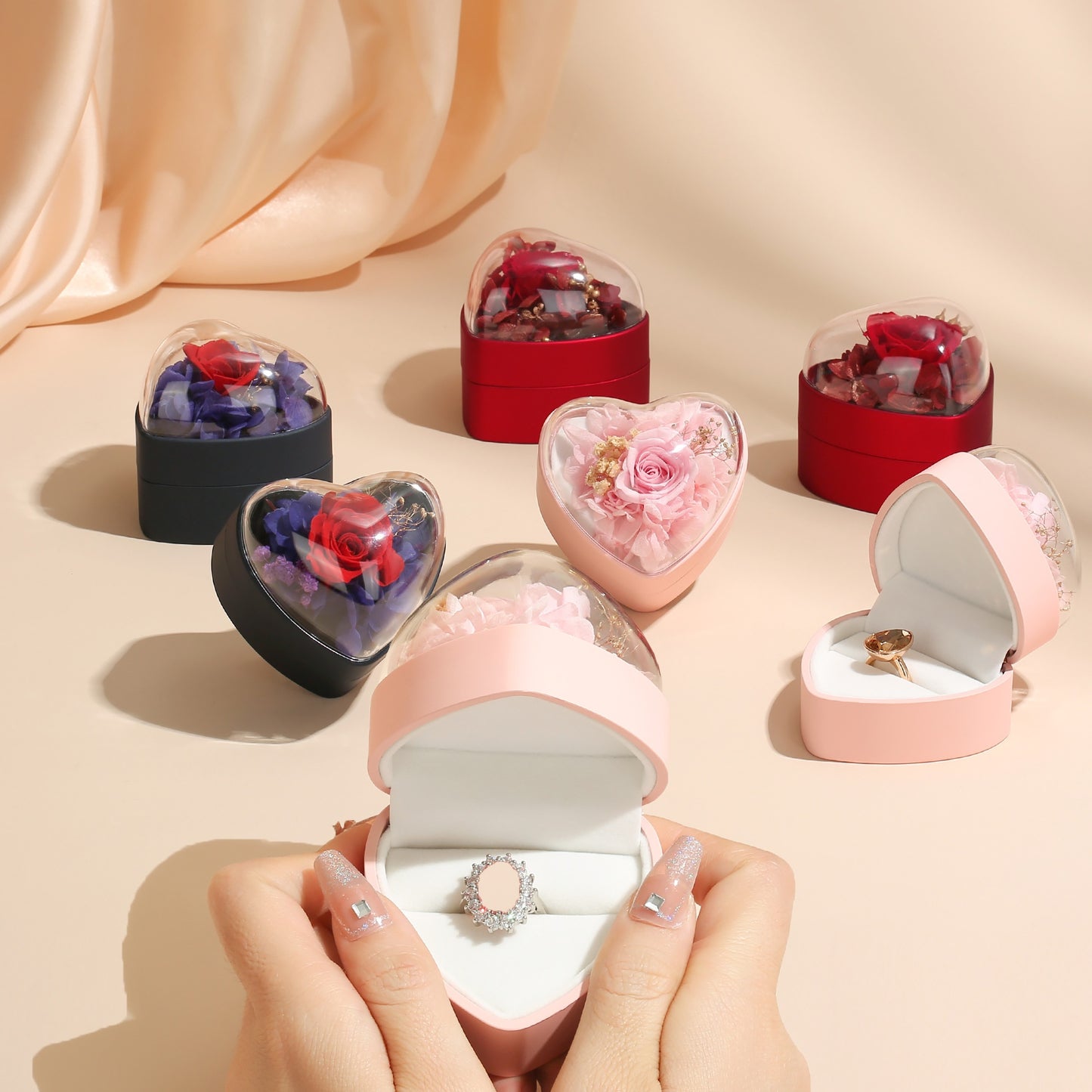 Heart-Shaped Rose Flower Ring Pendant Gift Box