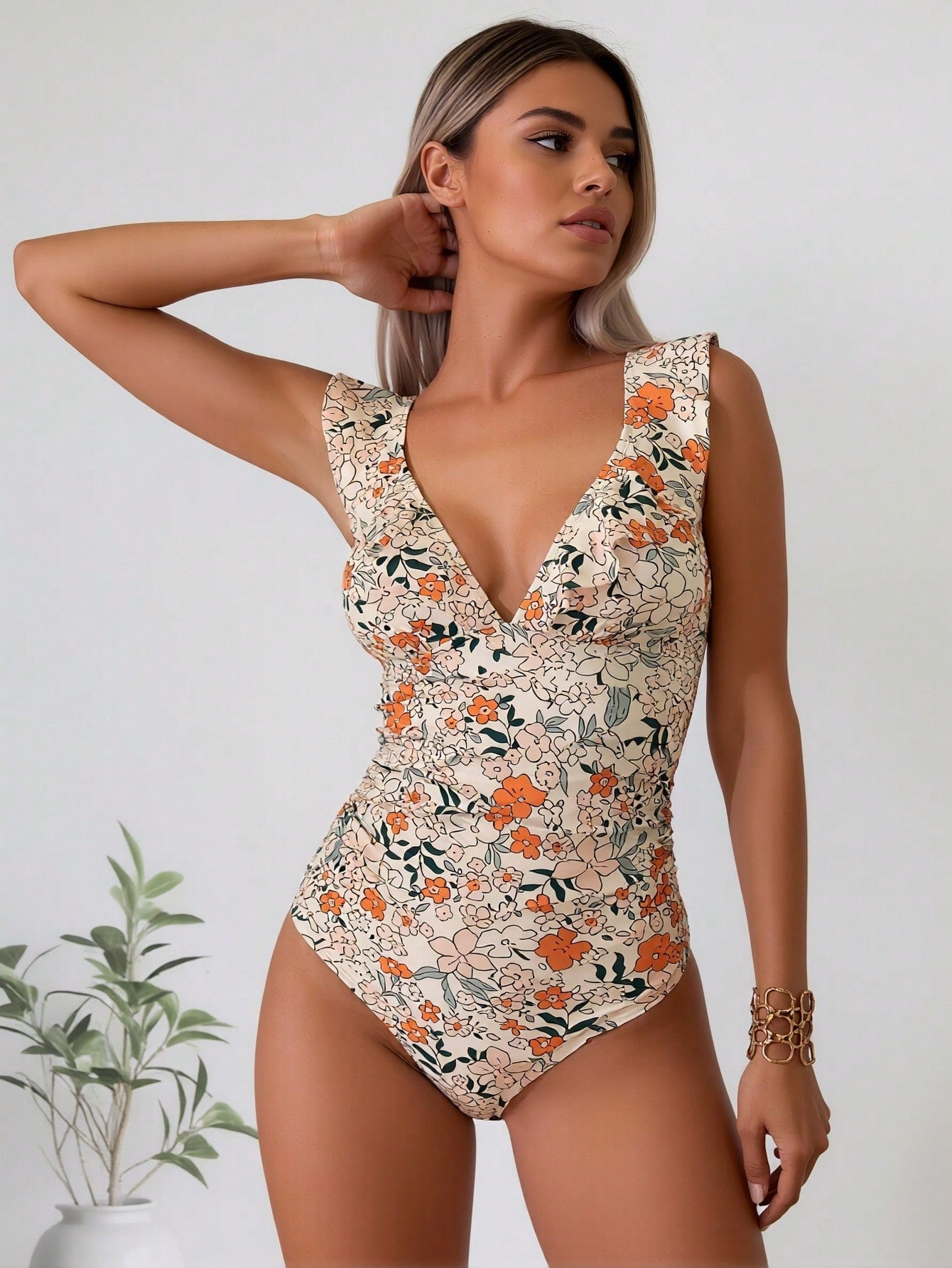 2026 New Ditsy Floral Print One-Piece Swimsuit, V Neck Ruffle Shoulder Tummy Control Bathing Suit