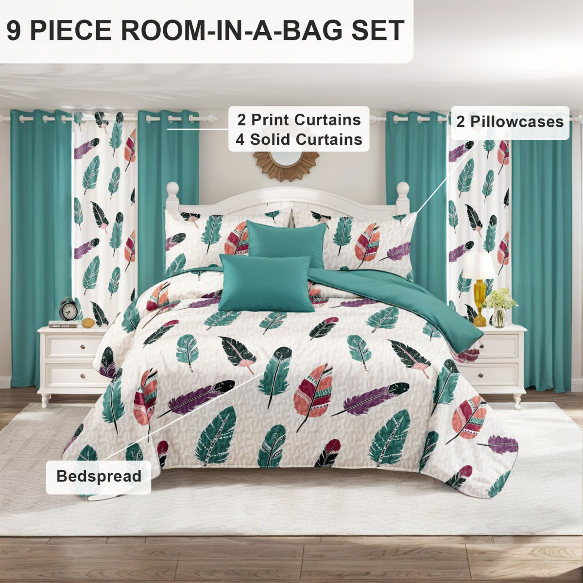 9 Piece Room In A Bag Quilt And Curtain Set, US Designer Boho Feather Print Heavyweight Bedspread With 6 Customizable Window Panels, Pet-Friendly High GSM Coverlet Teal,White