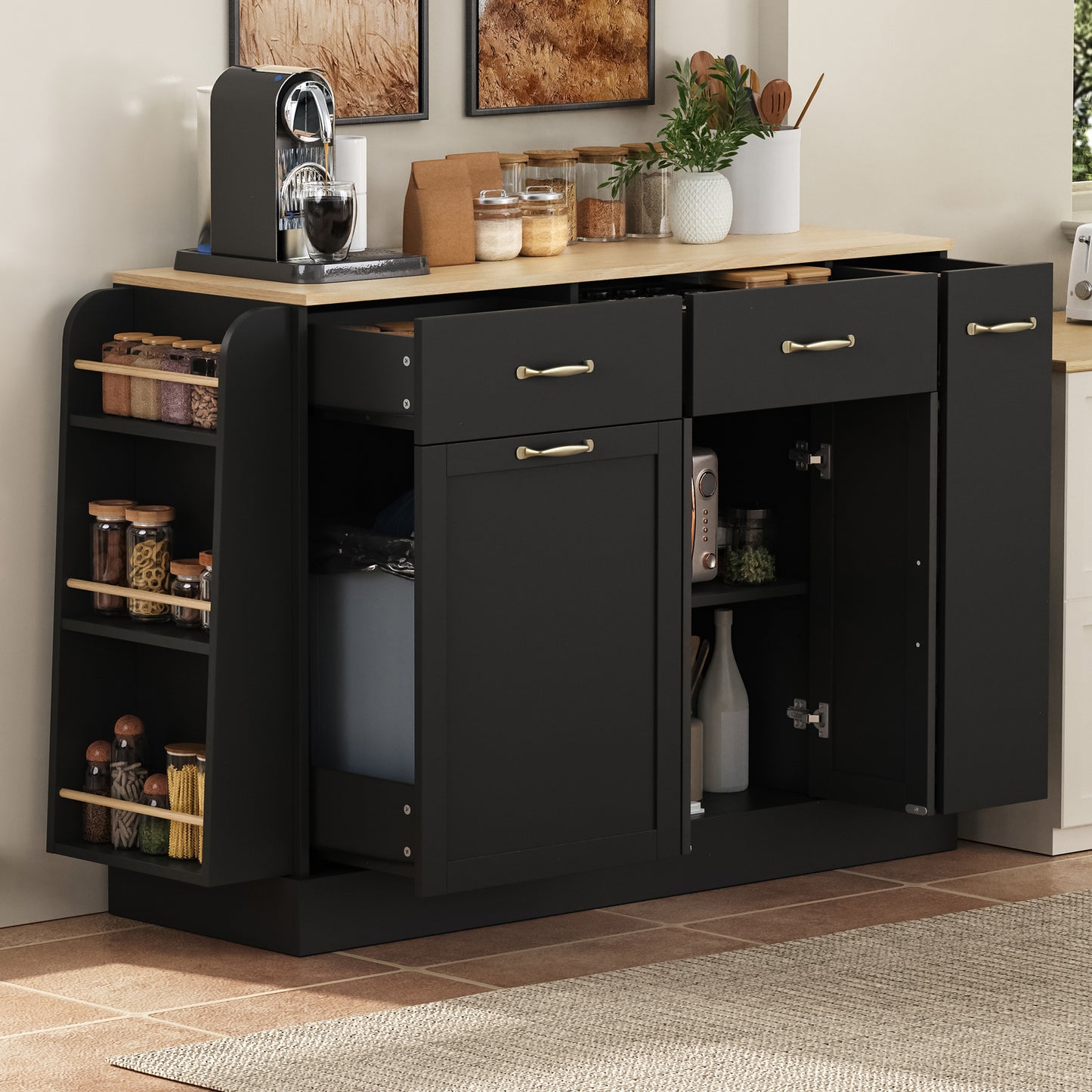 Modern Sideboard With Different Drawers, Buffet Cabinet With Waste Bin Compartment And External Spice Rack For Dining Room, Living Room And Kitchen  Black