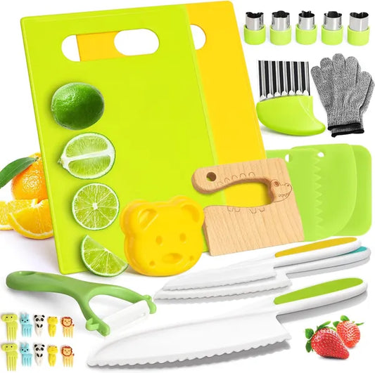 28PCS Knife Set - Kids Knifes For Real Cooking, Montessori Kids Kitchen Knife Set With Cutting Board Crinkle Cutters Kid Safe Knives, Kitchen Tools Old Girl Boy