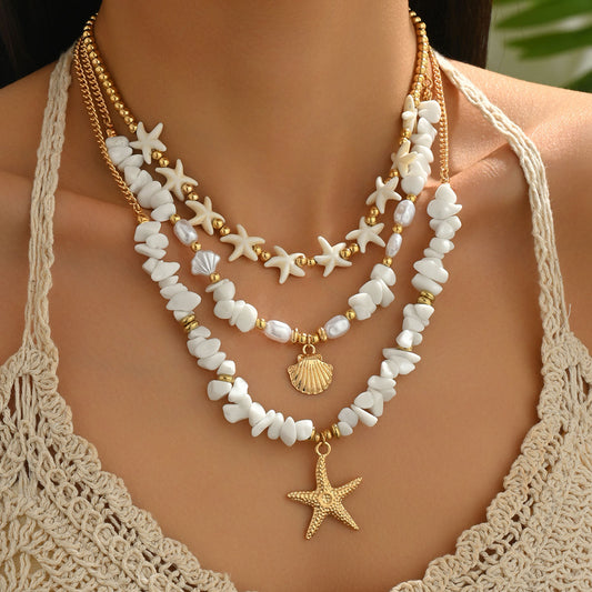 European American Cross-border Boho Women Necklace, Niche Clavicle Chain With Irregular Faux Pearl, Starfish & Shell Pendant, Versatile Daily Neck Accessories