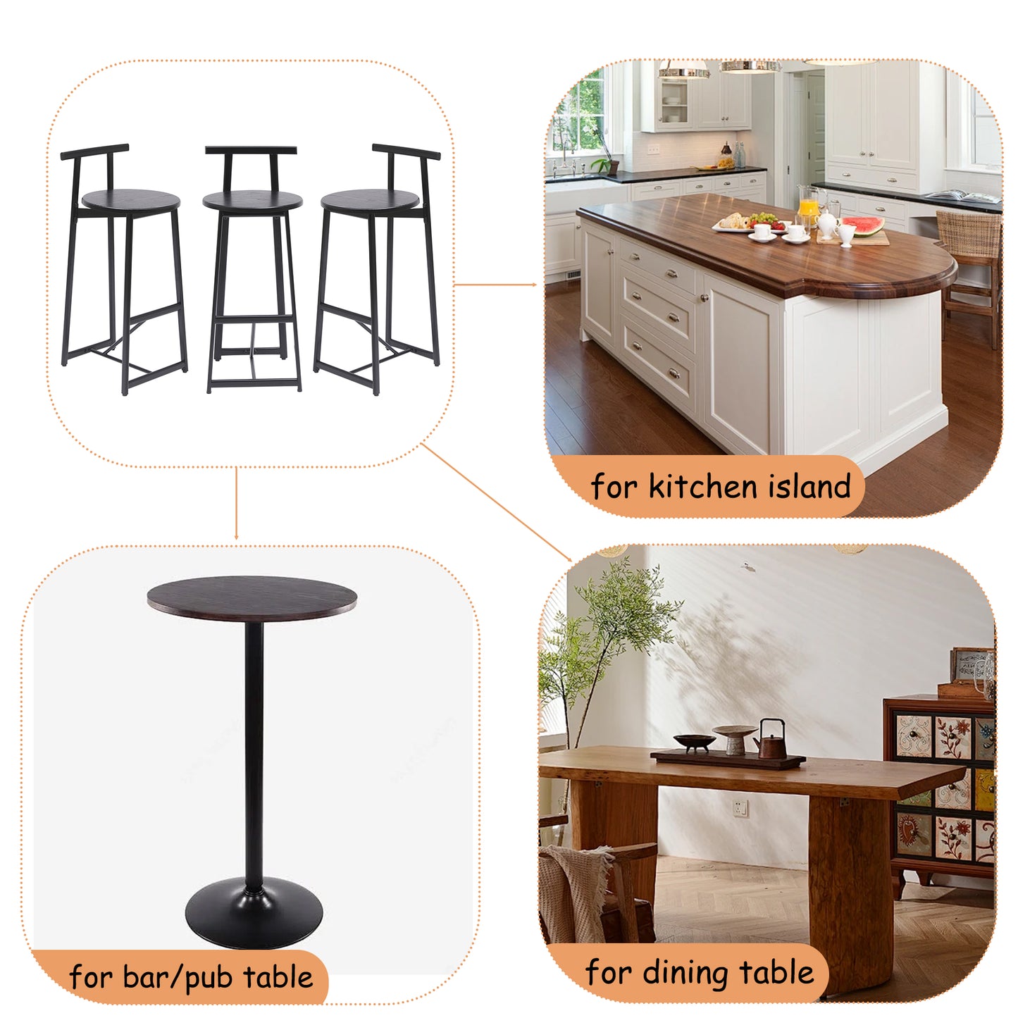27 H Barstool Set Of 3 Wooden Round Bar Stools With Footrest Modern Kitchen Chairs For Counter  Black & Black