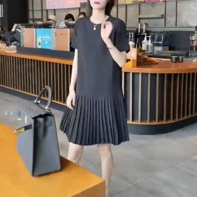 Summer New Korean-style Loose-fit Solid-color Youthful Mid-length Pleated Dress