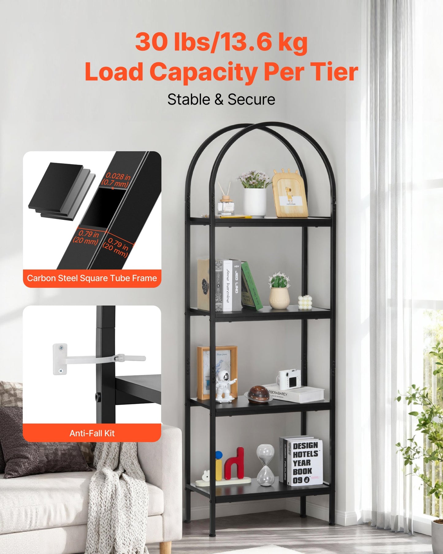 Open Bookshelf, 4-Tier, Arched Bookcase Storage Shelves With Metal Frame, Industrial Metal Book Organizer, Freestanding Display Rack Tall Shelving Unit, For Office, Bedroom, Living Room, Black