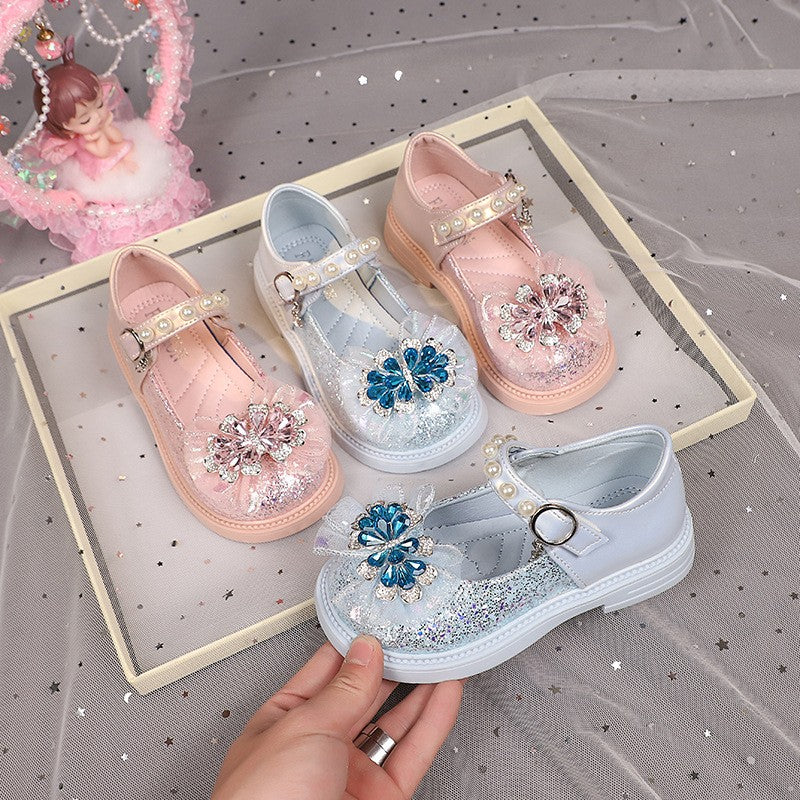2026 Spring & Autumn New Girls Light-Up Princess Leather Shoes, Elsa Crystal Soft Sole Flat Shoes, Little Girls Pearl Decor Single Shoes