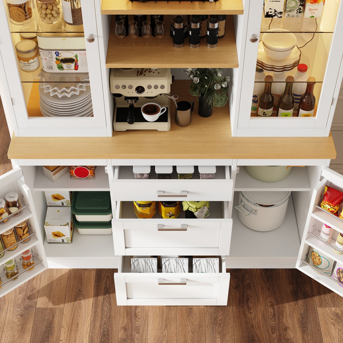 Kitchen Pantry Cabinet With App-Controlled LED Lights, 185cm Tall Storage Cabinet With Glass Doors, Drawers & Worktop, White