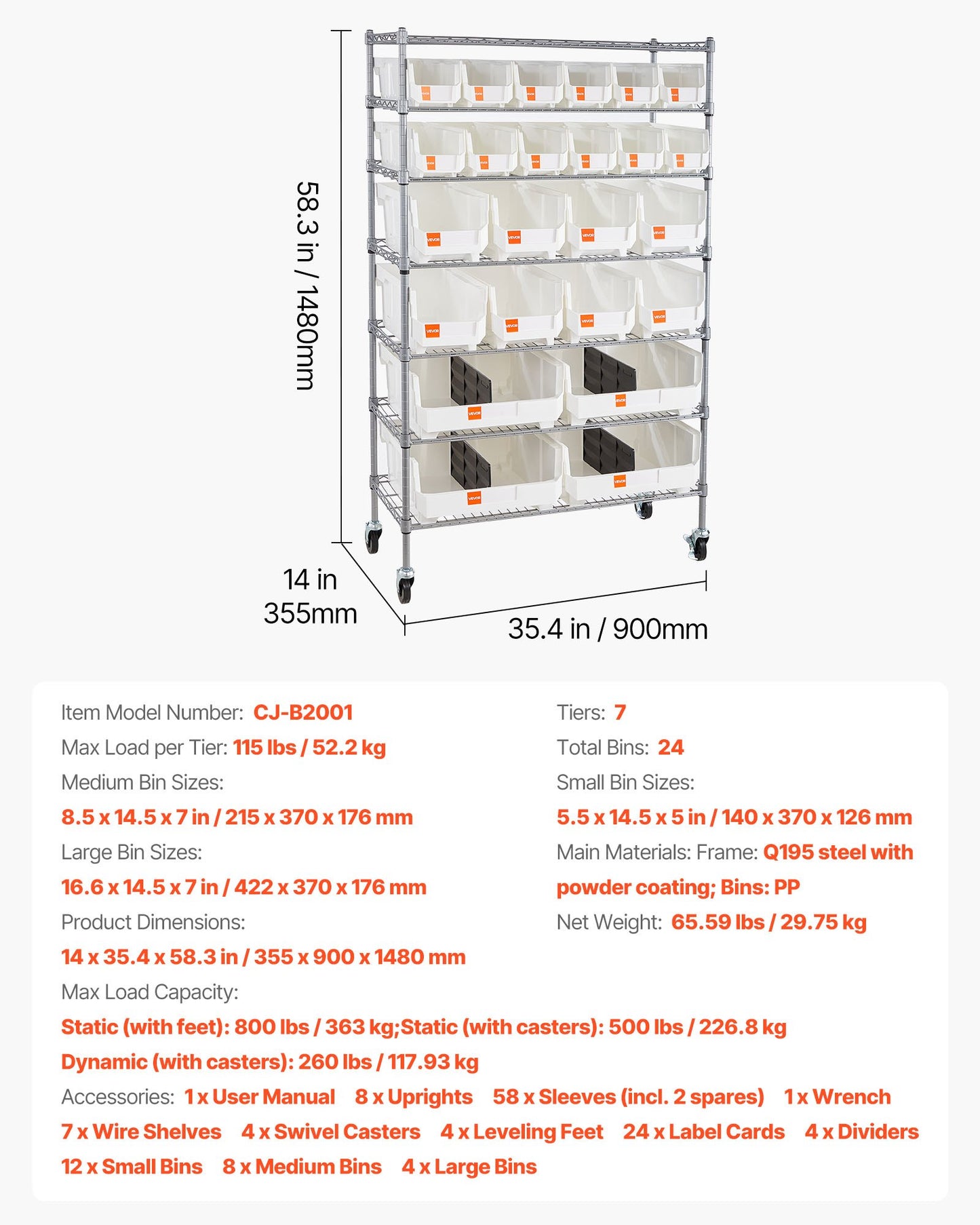 7-Tier Rolling Bin Storage Rack, 24 Organizer Bins, Bin Rack Storage Steel Wire Shelving System With Wheels, Mobile Tool Organizer For Garage, Warehouse, Office, Restaurant, Classroom, Kitchen