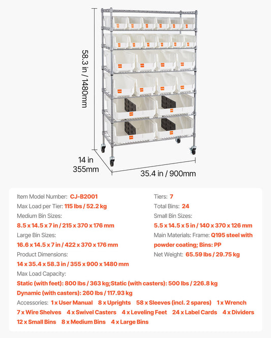 7-Tier Rolling Bin Storage Rack, 24 Organizer Bins, Bin Rack Storage Steel Wire Shelving System With Wheels, Mobile Tool Organizer For Garage, Warehouse, Office, Restaurant, Classroom, Kitchen