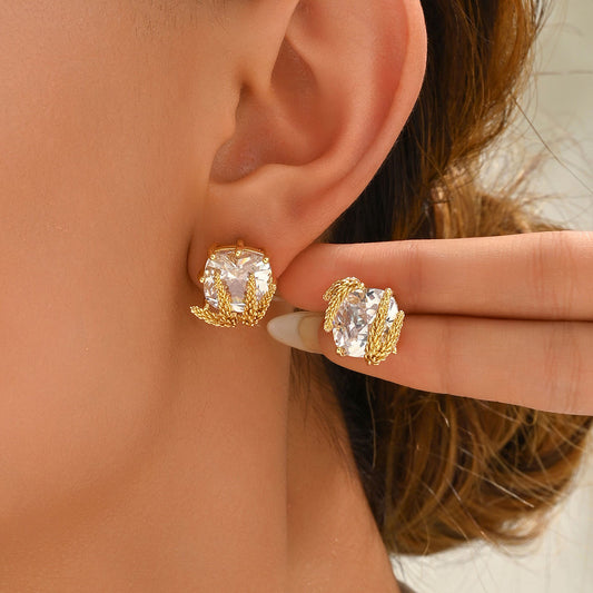 Sweet Korean Style Women Stud Earrings, Niche Wheat Ear Design Inlaid Cubic Zirconia, Premium Texture Versatile Daily Ear Jewelry