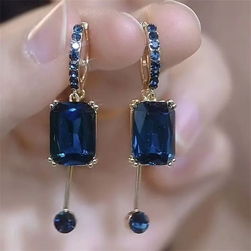 Light Luxury Blue Square Crystal Hoop Earrings, 2026 New Hot Niche Design Jewelry