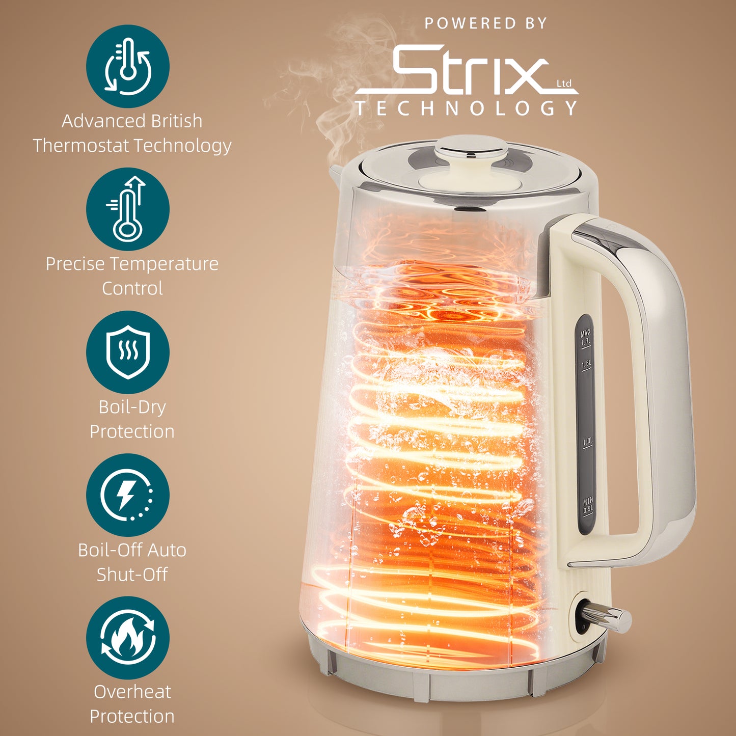 Electric Stainless Steel Kettle And Toaster Set, 3000W 1.7L UK Strix Thermostat Fast Boil Kettle W/ Limescale Filter, Cool Touch Body, 4 Slice Toaster With 7 Browning Levels, Crumb Tray, Cream