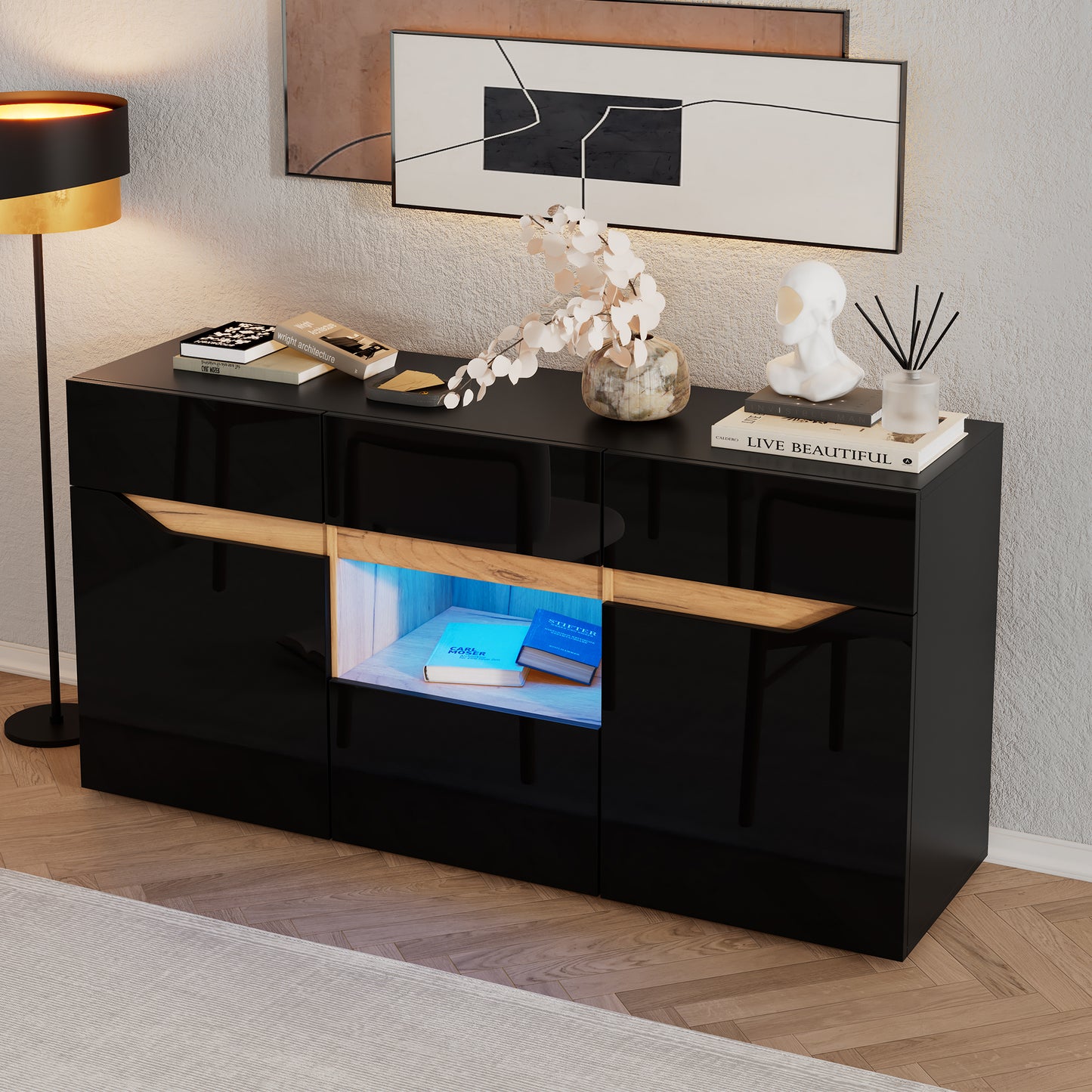 140x40x70cm Living Room Credenza,Sideboards With 4 Drawers,Cabinet With Two Compartments,Wide Handleless Dresser,Versatile,High Gloss Sofa Side Cabinet With LED Lighting,Black Wood Color
