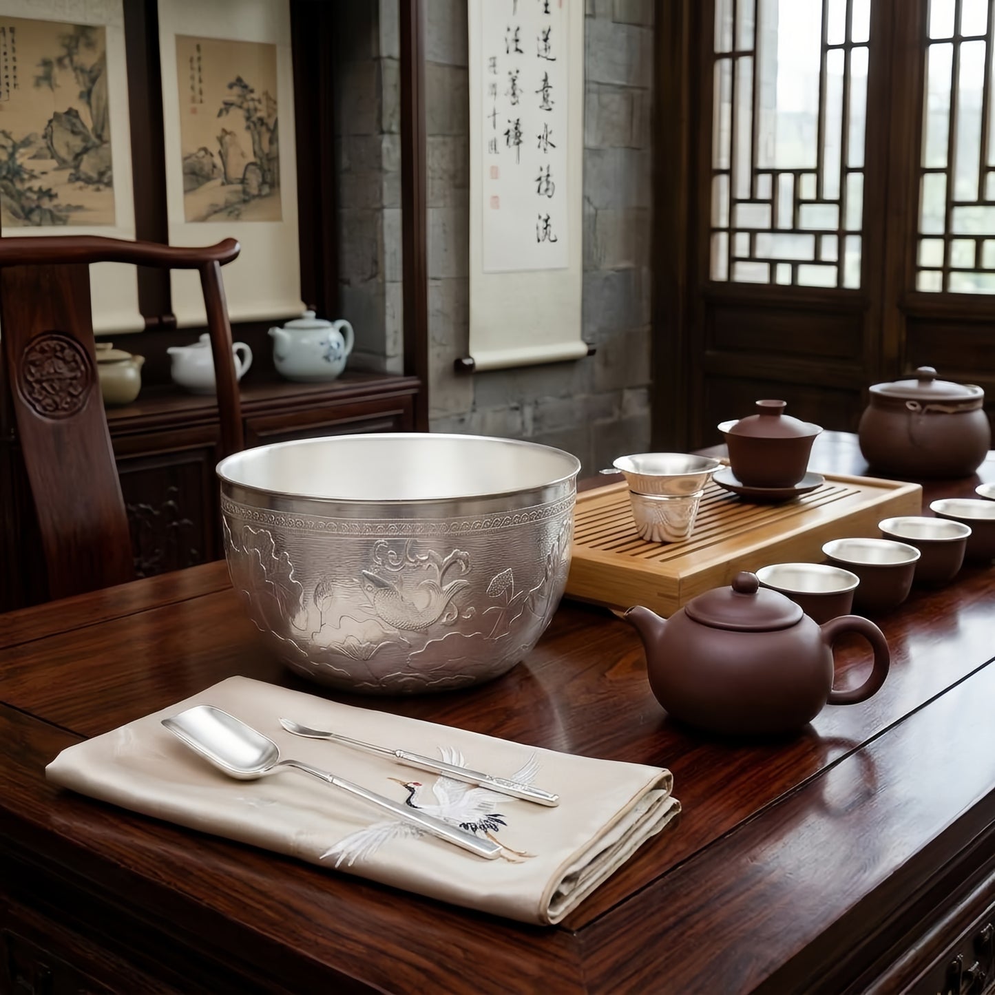 Pure 999 Fine Silver Antique  Bowl with Intricate Fish and Lotus Engravings-Fine tea bowl - Handicraft
