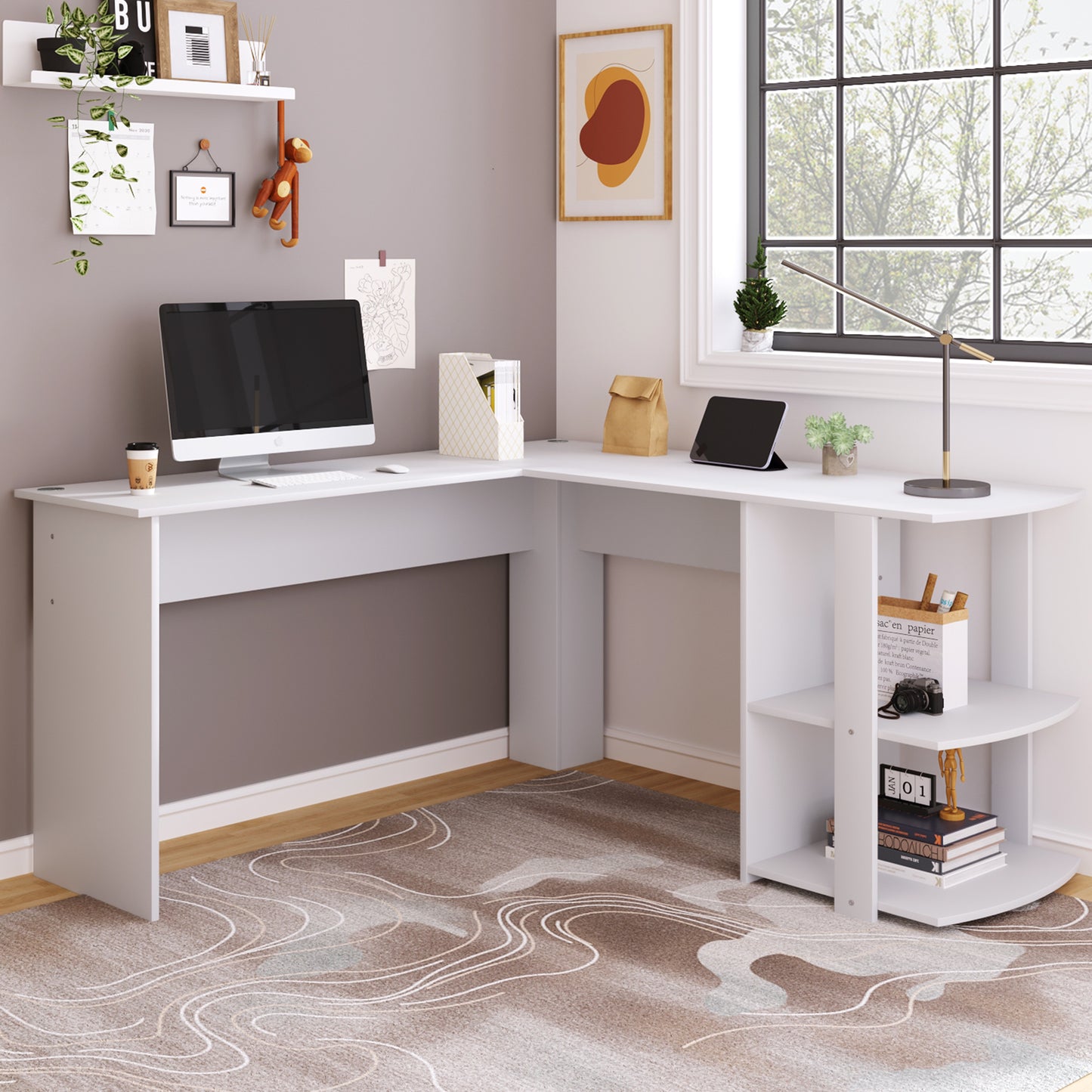 WF314182AAA Corner Desk 140 CM Computer Desk Desk, L-shaped Corner Desk With 2 Shelves, H75 W140 L140 CM White