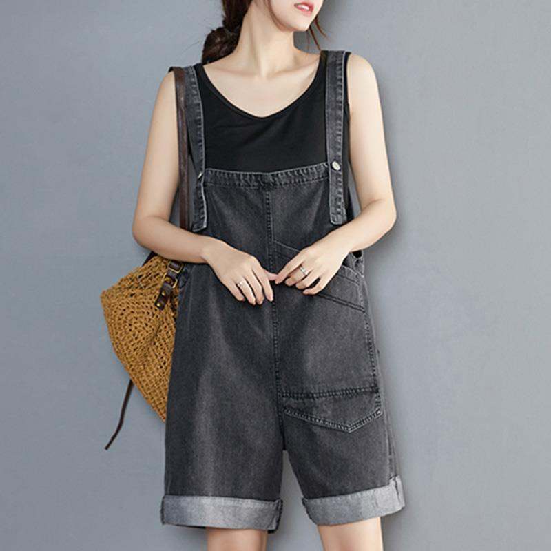 Womens Denim Overalls Summer Loose-Fit Korean-Style Cropped Pants