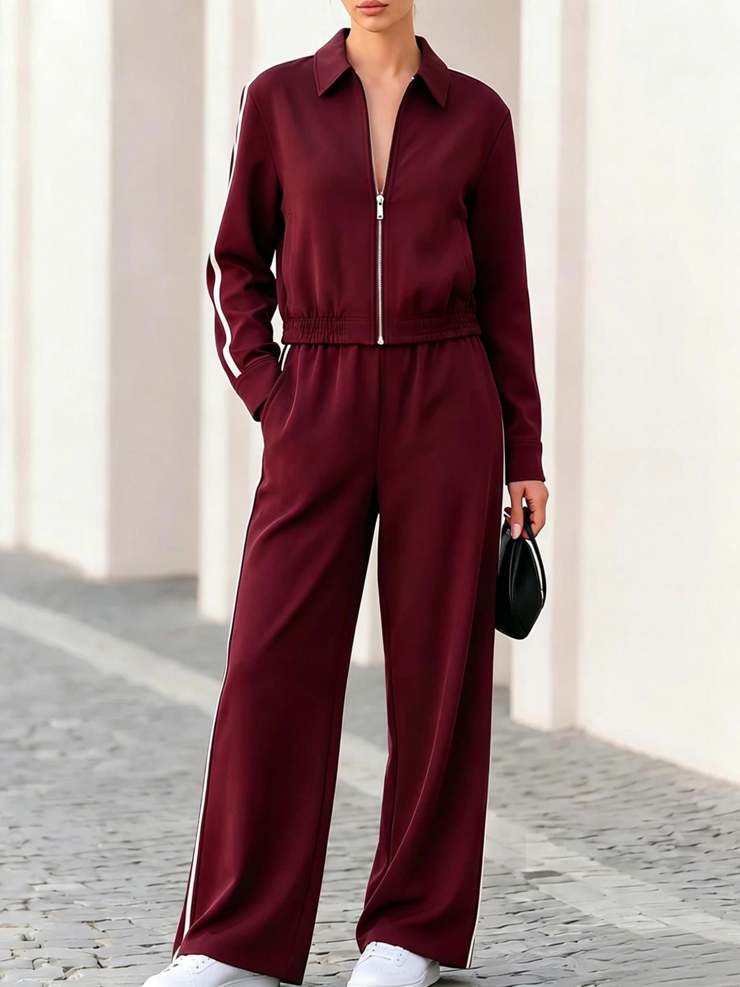 New Fallwinter Stand-collar Zip-up Short Sports Jacket And Side-striped Wide-leg Pants Two-piece Set