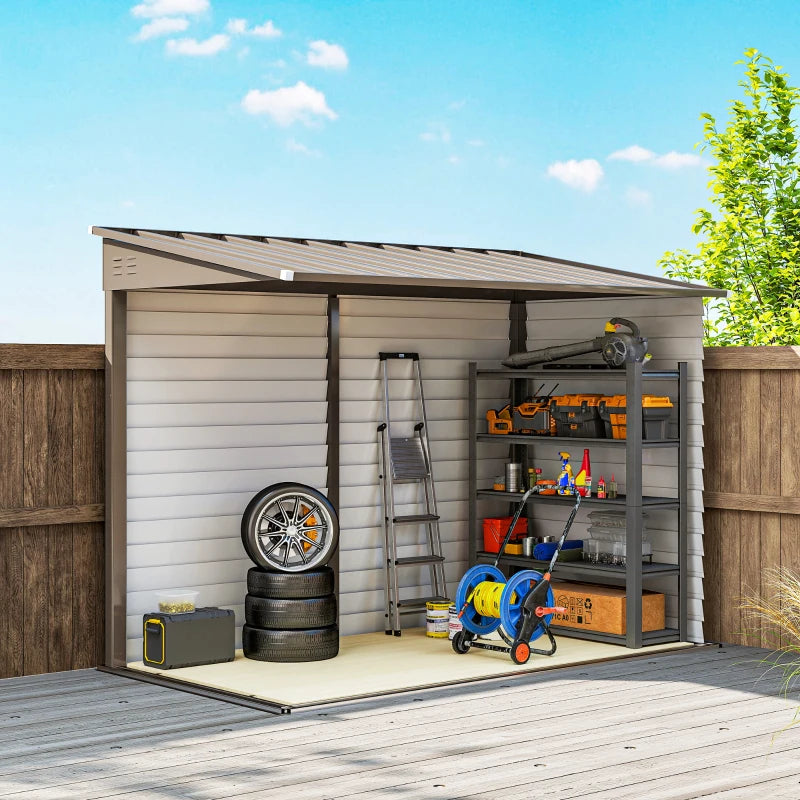 4.6' X 9' Outdoor Storage Shed, Lean To Metal Shed With Foundation Kit, Lockable Doors And Gloves For Patio, Lawn, Brown Multiple Packages