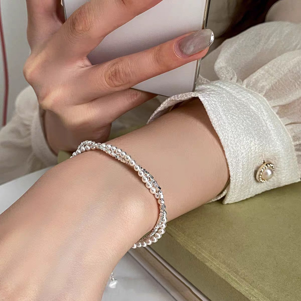 1pc 999 Sterling Silver Pearl & Crushed Silver Double-Layer Bracelet, Delicate Style, Perfect For Daily Wear And Valentine's Gift