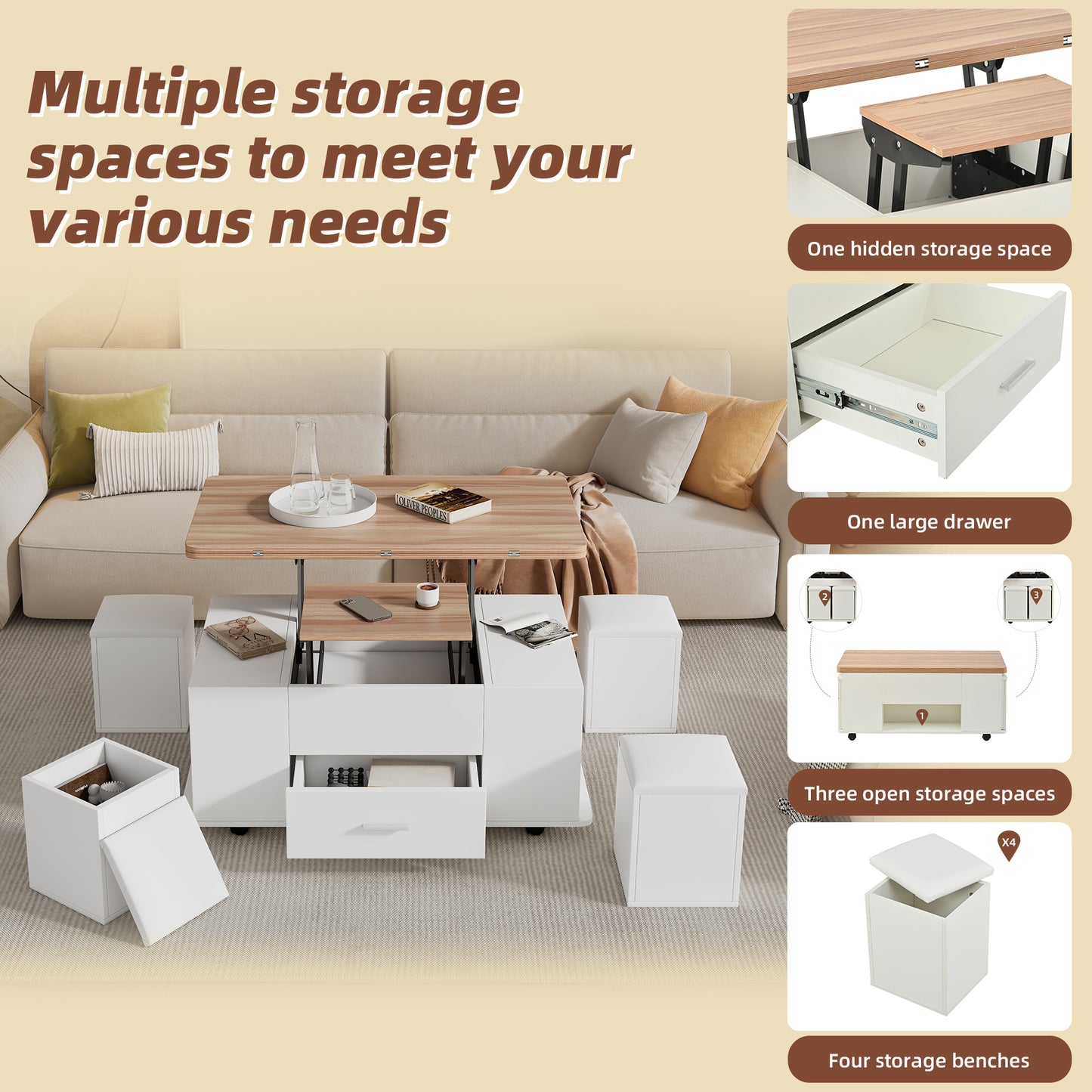 Lift Top Coffee Table With Wheels,  Convertible Dining & Work Table With 4 Stools, Hidden Storage, Extendable Side Table, Space-saving End Table,Tea Table, White  Natural Wood, 100x50x45cm   Folded