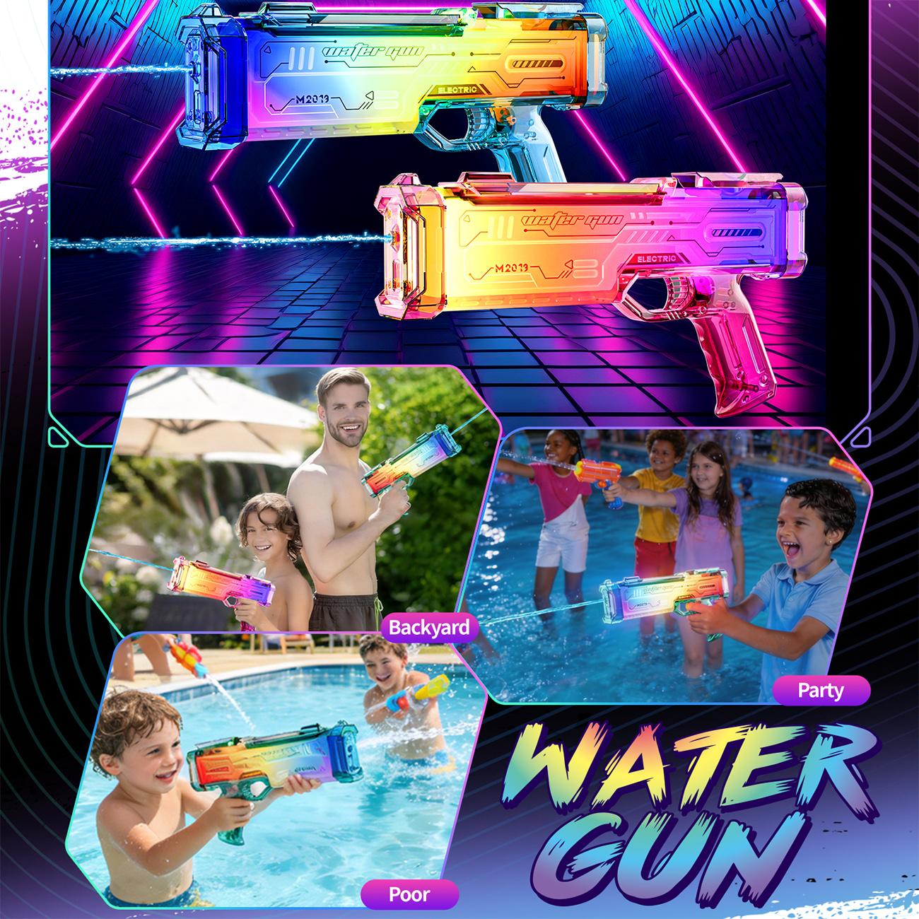 Pink Futuristic Electric Water Gun, Rechargeable, Transparent Gradient, Continuous Firing, Perfect For Pool, Beach, And Outdoor Water Games.