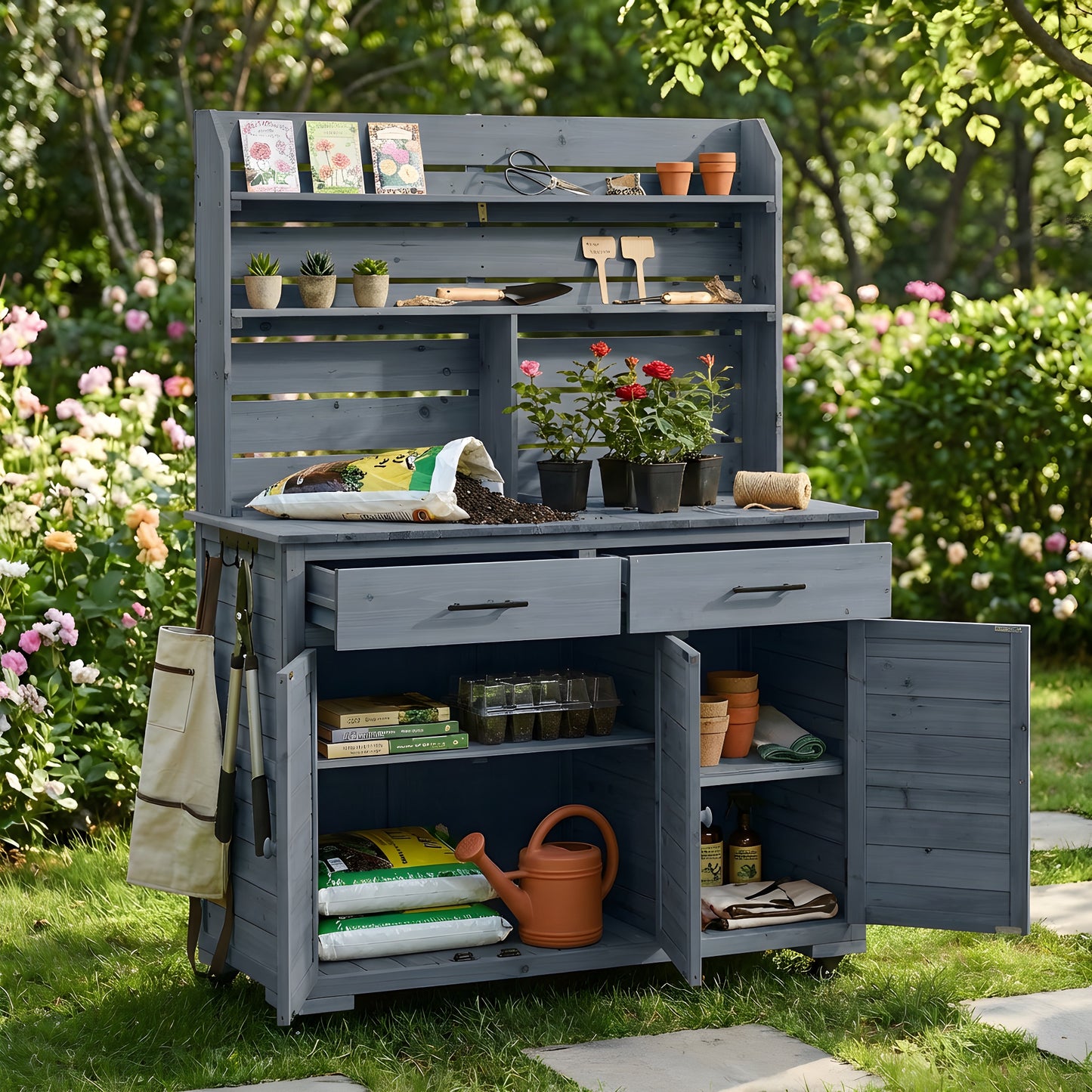 Assembly Video  TOPMAx 65 H Large Garden Potting Bench With Lockable Wheels And Storage Cabinet  Wood Outdoor Kitchen Island Prep Cart With Hutch Top  Drawers And Removal Shelves For Grilling  Gray