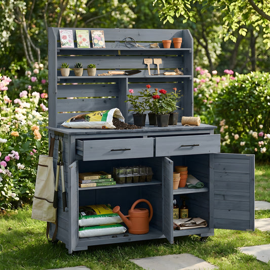 Assembly Video  TOPMAx 65 H Large Garden Potting Bench With Lockable Wheels And Storage Cabinet  Wood Outdoor Kitchen Island Prep Cart With Hutch Top  Drawers And Removal Shelves For Grilling  Gray
