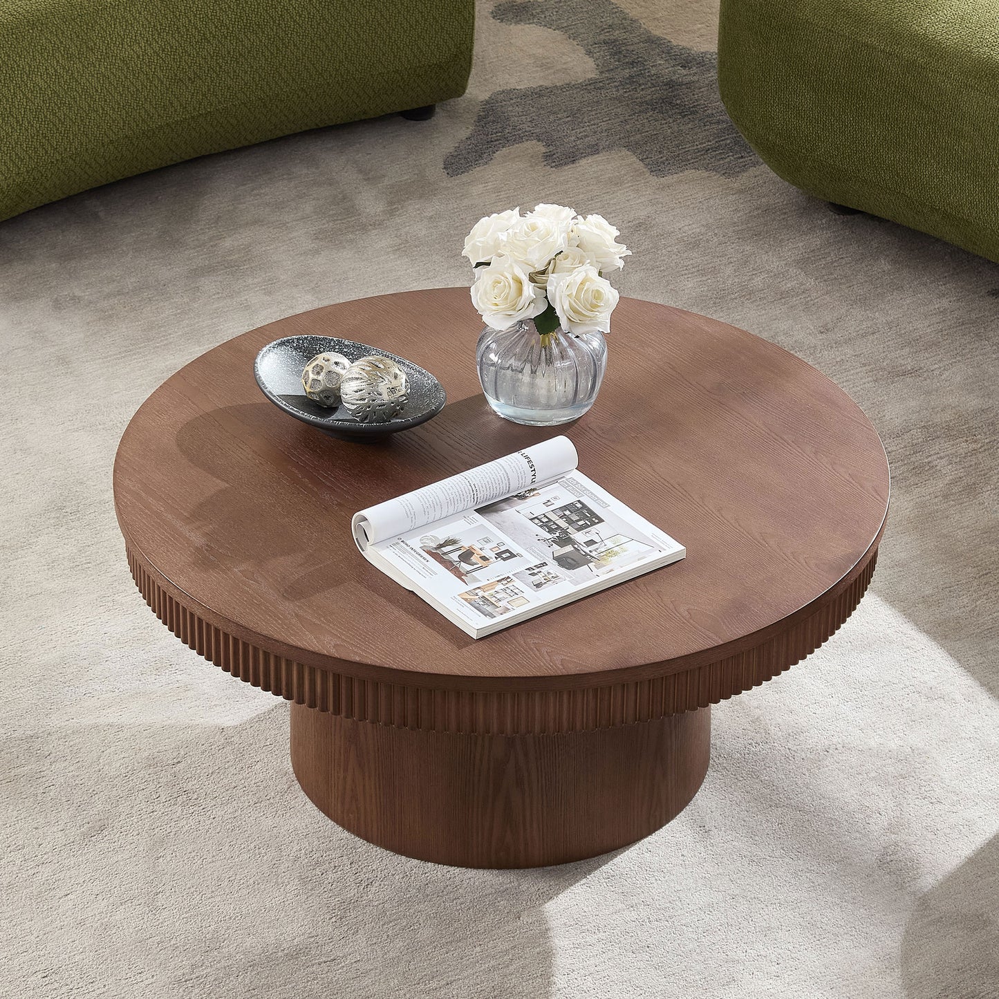 35.43 Inch Walnut Round Coffee Table With Solid Wood Ribbed Wave Trim,MDF Wood Veneer Table For Living Room,Apartment,Office