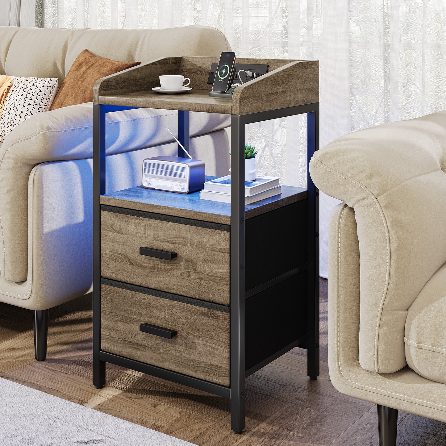 Nightstand With Charging Station Modern Bedside End Side Table With Guardrail Storage Shelf 2 Fabric Drawers USB Ports AC Outlets