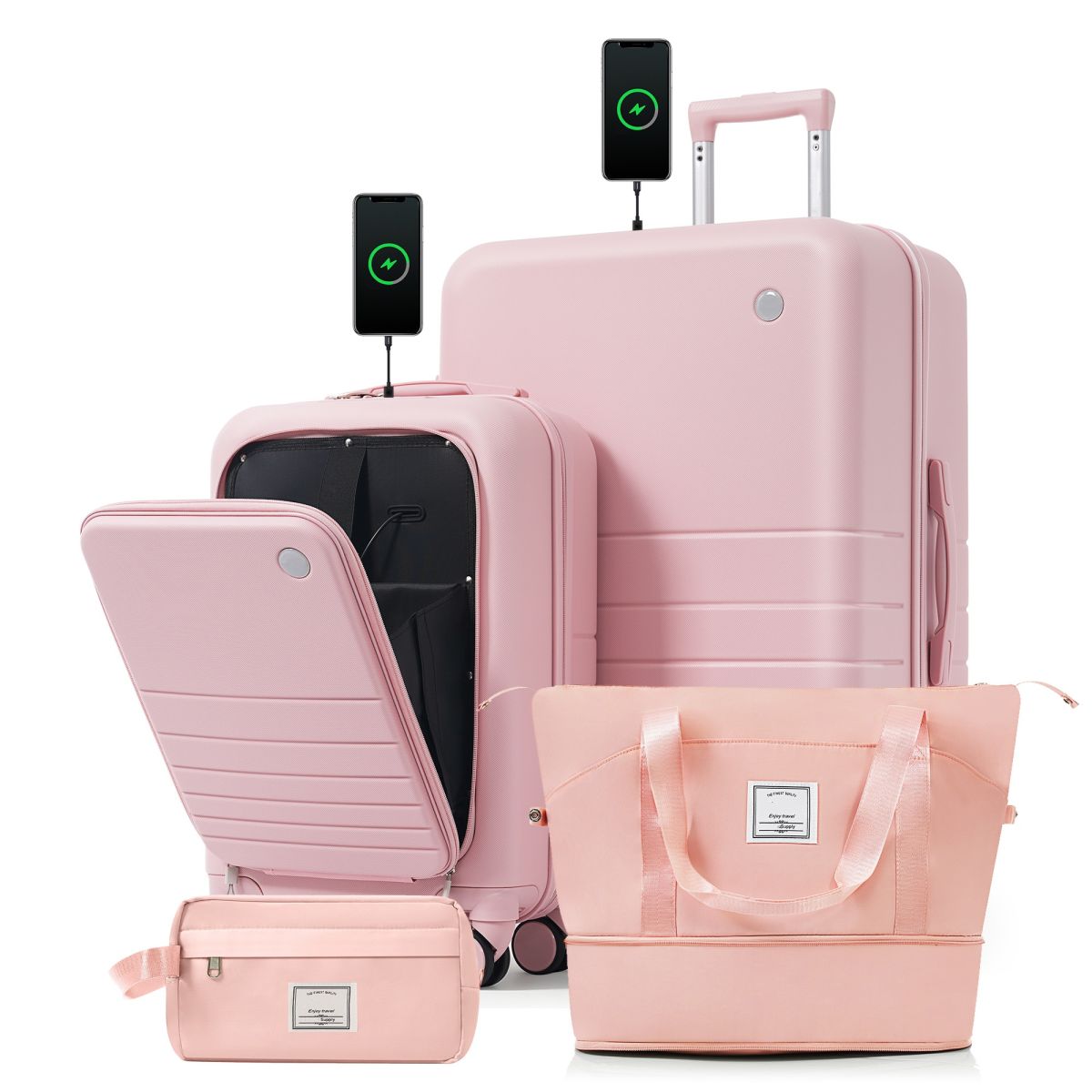 4-Piece Luggage Set with USB Charging Ports - 20in Carry-On (Front-Opening for Laptop) 28in Checked Suitcase with TSA Lock Travel Duffel Bag Wet-Dry Toiletry Bag, pink