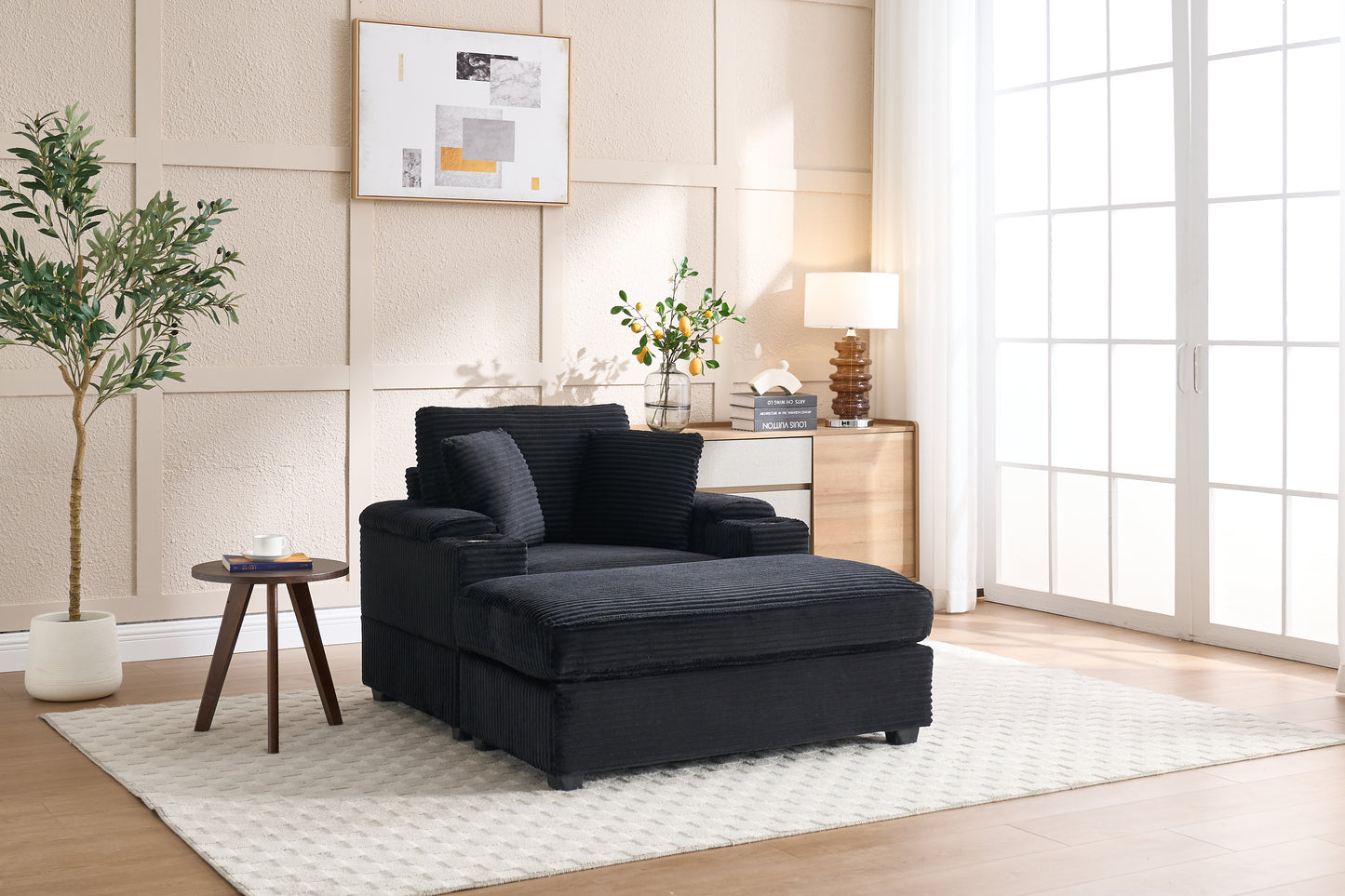 VIDEO New Corduroy Upholstered Chaise Lounge Sofa With Handrail Storage,Movable Ottoman,Cupholders,Detachable Cushions Deep Seat For Living Room Office,5 Colour,Wide Stripe Corduroy