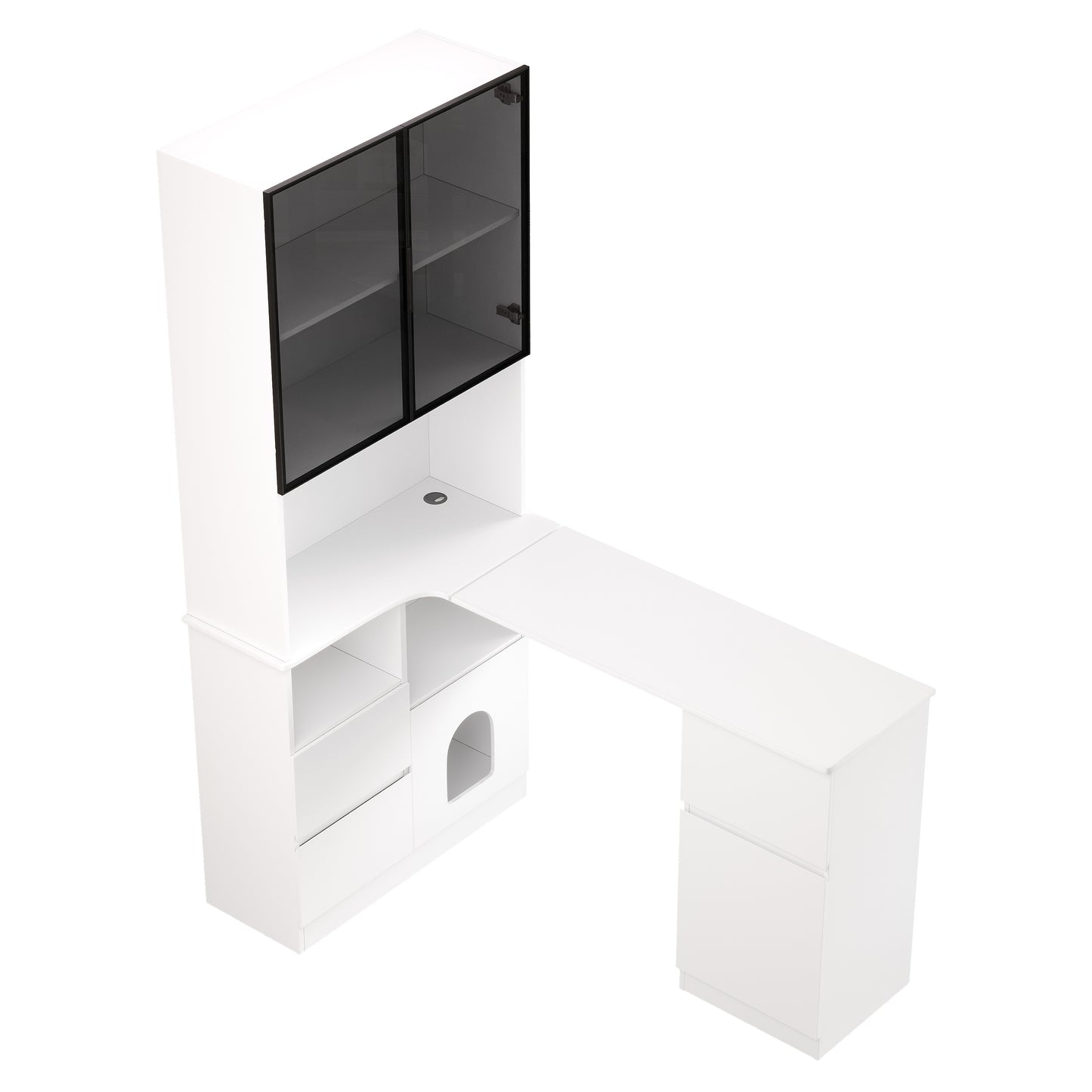Corner Desk With Shelf And LED Display Cabinet 120x80x180 Cm- Desk With Cable Outlet, 3 Drawers, 2 Doors, Open Compartments & Pet Compartment, A Corner Desk With Built-in Bookshelf