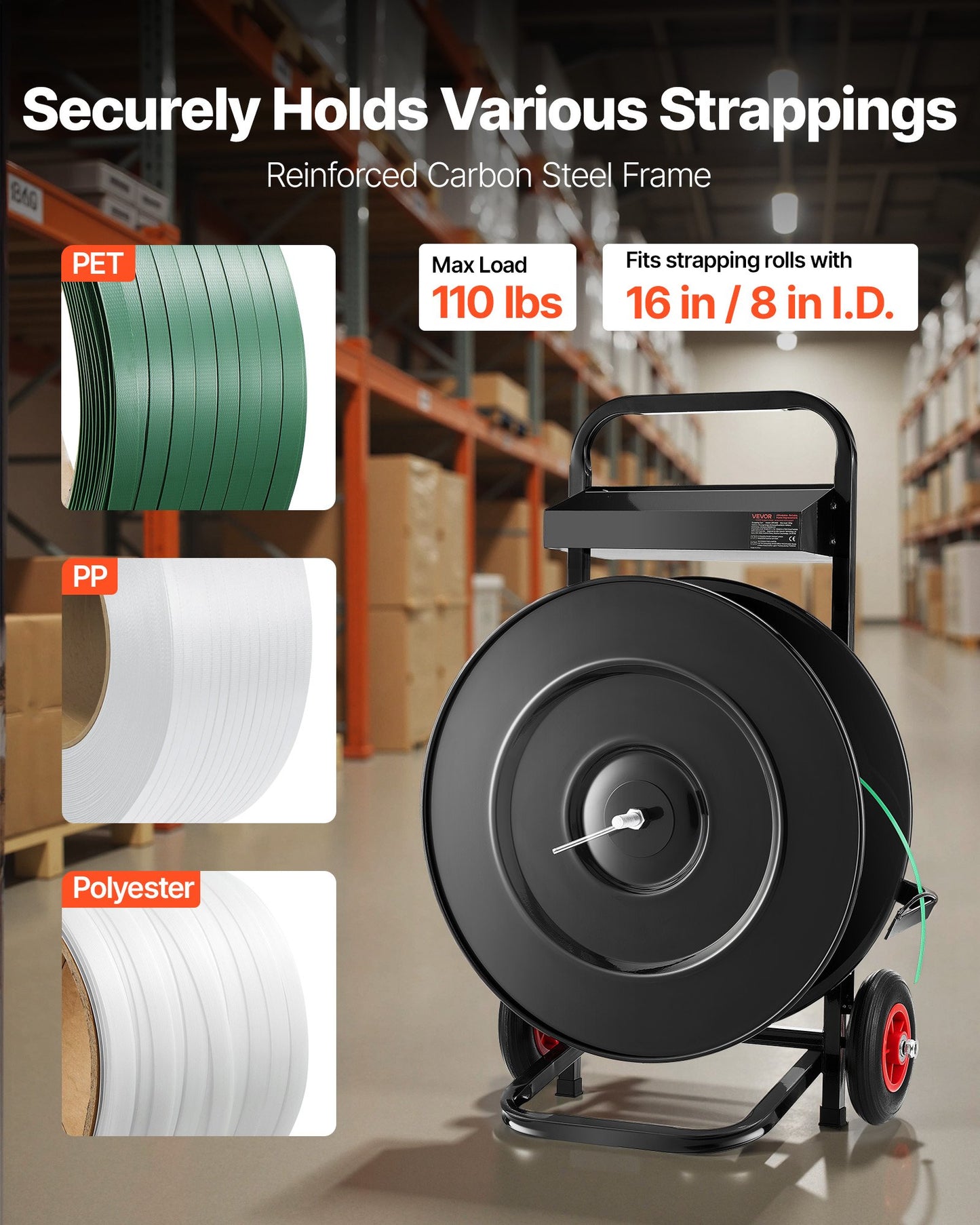 Banding Strapping Cart, Fit For PET/PP/Polyester Strapping Coils With 8 Or 16 In Core Size, Heavy Duty Strapping Dispenser Equipped With Upgrade Brake System, Built-in Spacious Tray For Tools