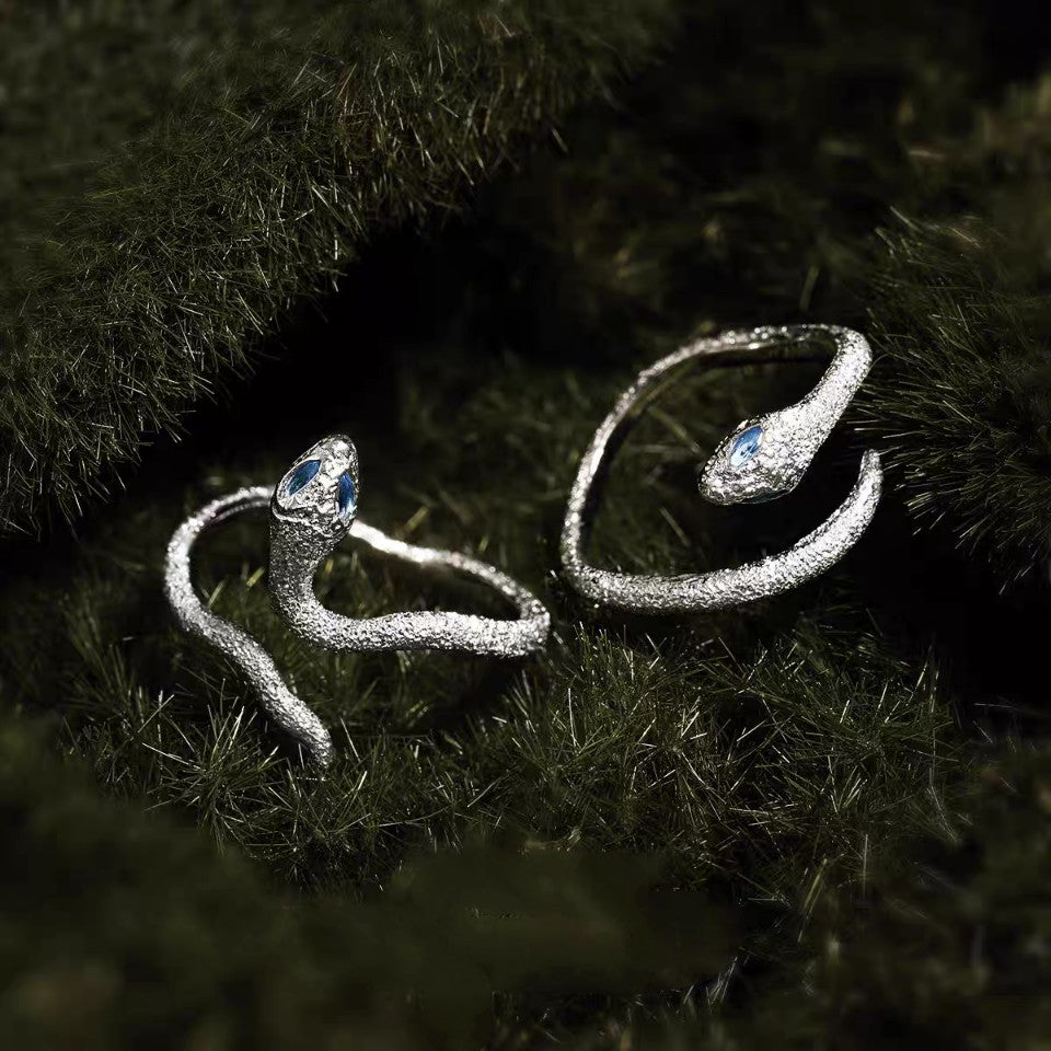 1 Pair 999 Sterling Silver Blue-Eyed Snake Couple Rings, Sparkly Textured Style, For Daily Wear & Valentine's Gifts