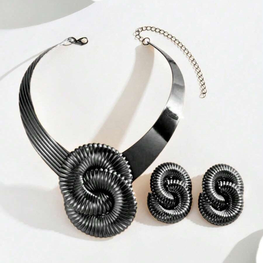 Cross-border European & American Women Jewelry Set, Unique Exaggerated Twisted Geometric Necklace & Threaded Earrings, High-end Versatile Matching Accessories