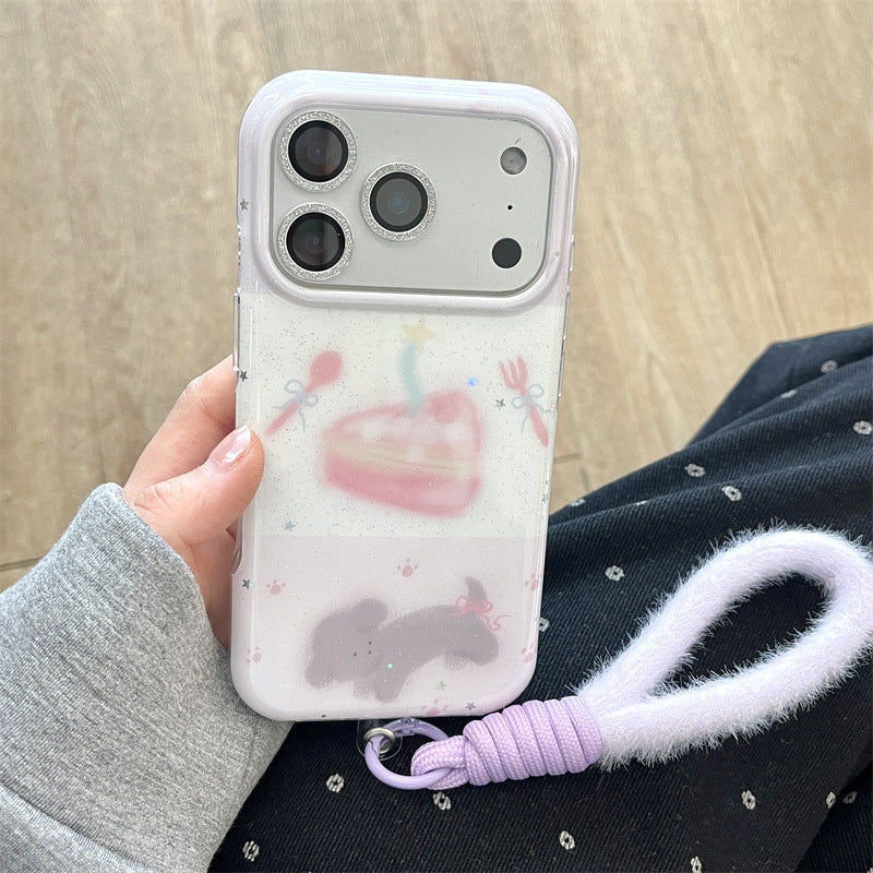 Korean-style Glittery Knife Fork And Cake Pattern Dog Phone Case
