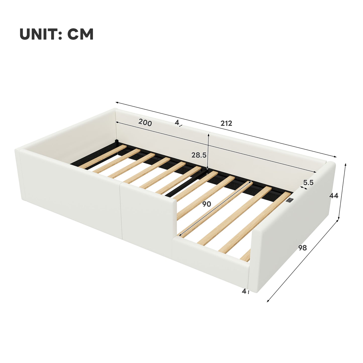 90X200 Upholstered Platform Bed With Guardrail And Charging Dock, White