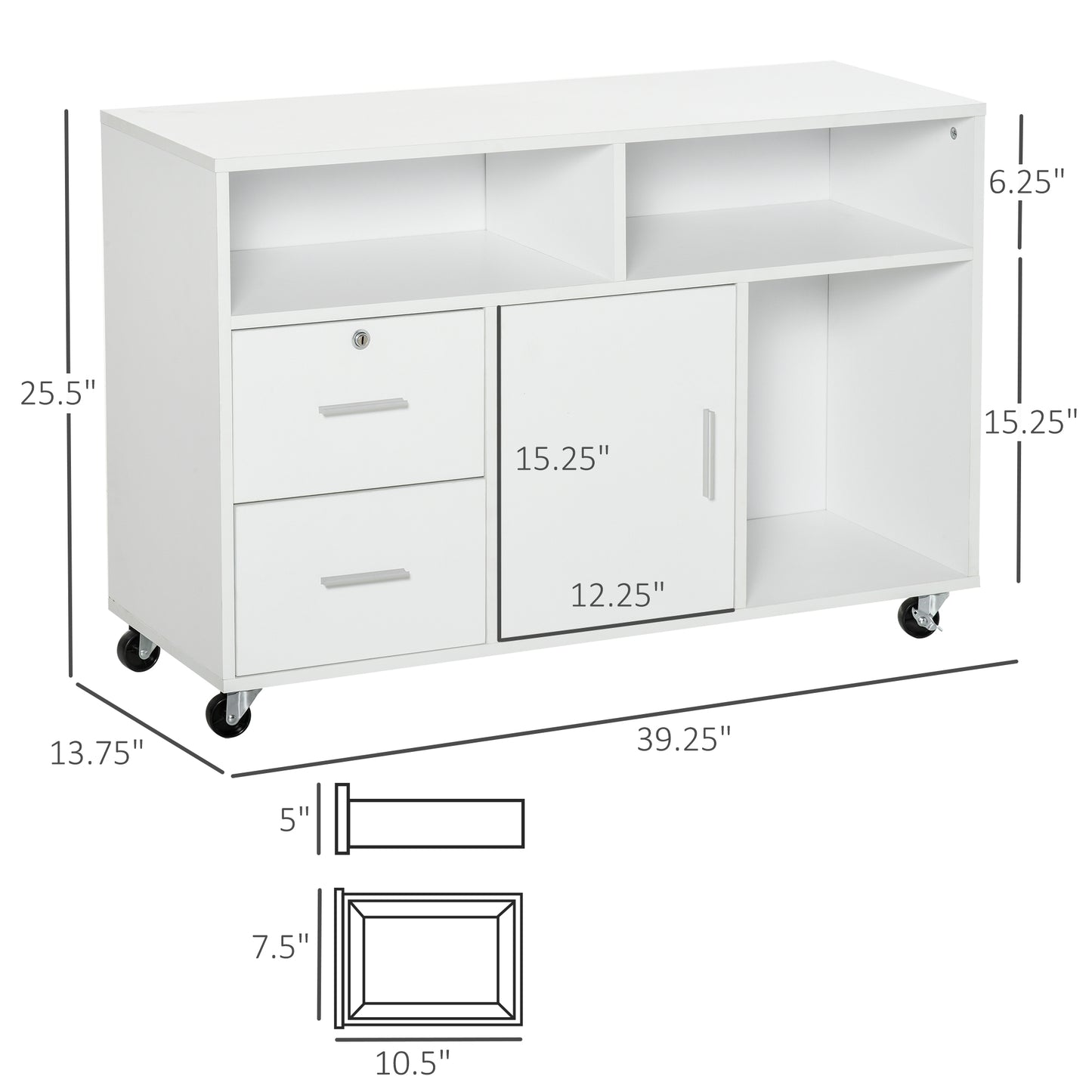 Printer Stand Home Office Mobile Storage Cabinet Organizer Desktop With Caster Wheels, 2 Locking Breaks And Drawer, White