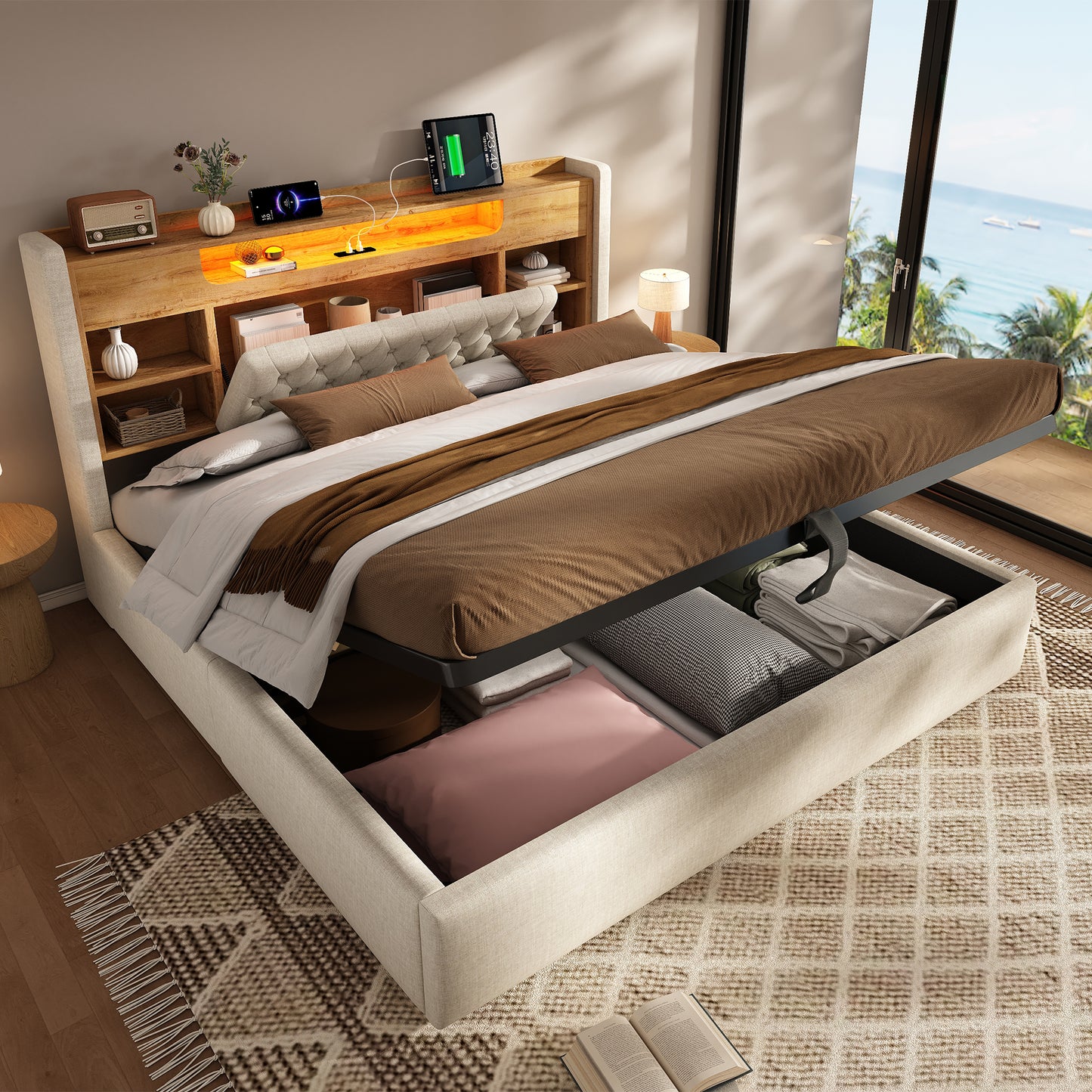 5ft King Bed With Hydraulic Storage, Upholstered Bed Frame With LED Lighting & Charging Station, Storage Headboard For Cellphones & Tablets, 150 X 200 Cm, Linen, Beige  No Mattress