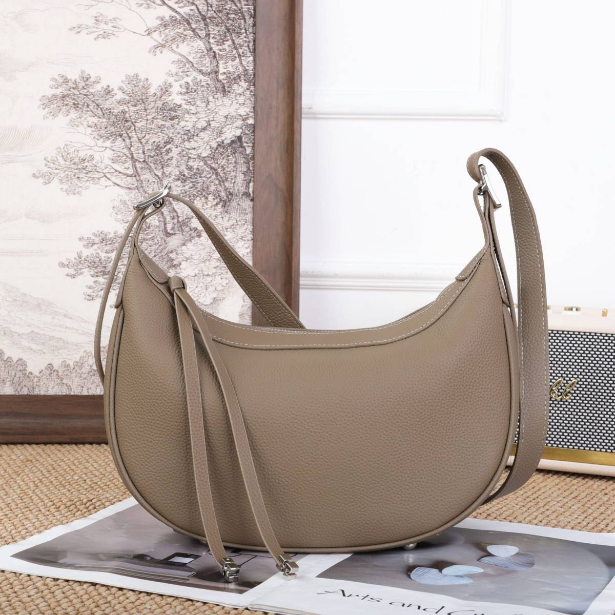 Cross-border Fashion Minimalist Top-grain Leather Dumpling Bag, Genuine Leather Women's Bag, Light Luxury Shoulder And Crossbody Half-moon Underarm Bag