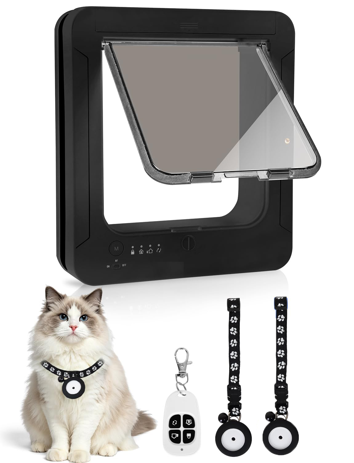 Smart Cat Door With 2 Collar Sensor Key,  Cat Door Collar Activated With Remote Control, 4 Way Locking Cat Flap Automatic Pet Door Interior & Exterior, Flap Opening