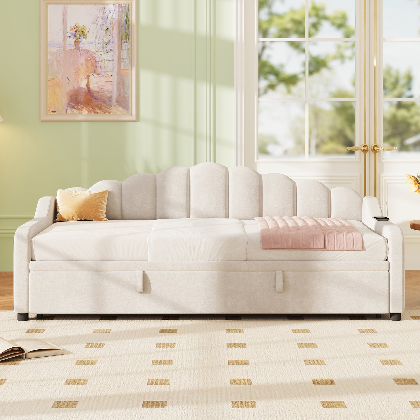 3ft Single Daybed With Pull-out Trundle, Velvet Upholstered Sofa Bed With Side Charging Station & Storage Pockets, Chic Fluted Scalloped Backrest, Beige No Mattress