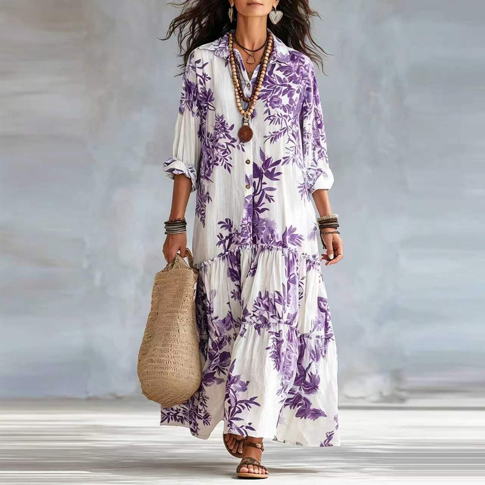 New Womens Casual Long-sleeve Lapel Dress